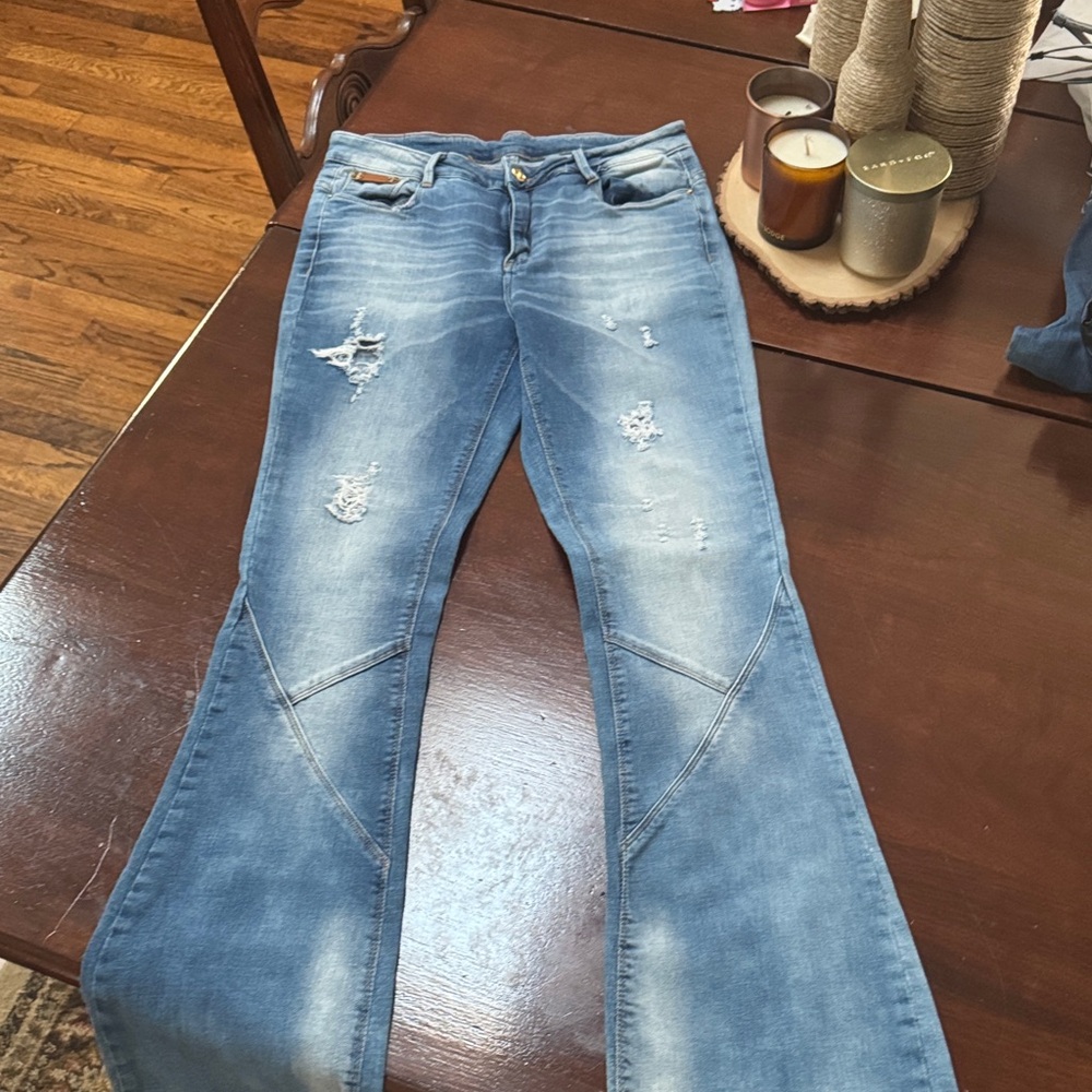 Light Blue Distressed Flare Jeans - Women
